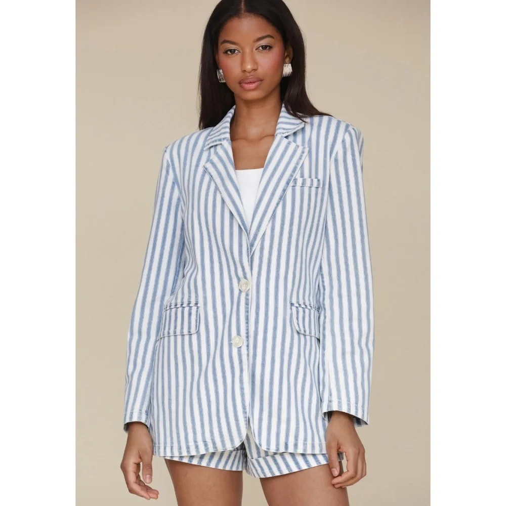 New Avec Les Filles Striped Cotton Blazer Blue White XS $149 - Picture 3 of 8